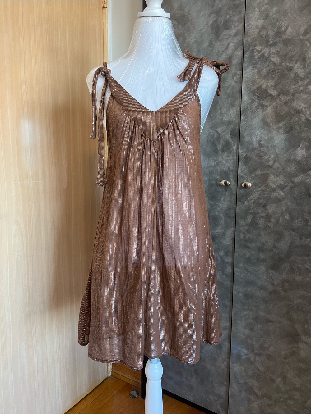 Tie-Shoulder Brown Metallic A-Line Dress